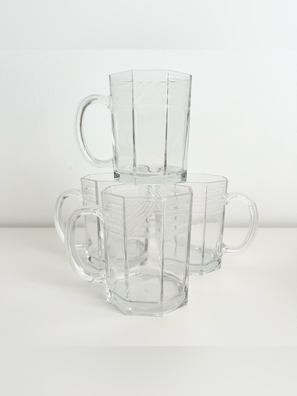 Vintage Arcoroc Octime Hexagonal Clear Glass Mugs MCM Geometric Etching 4 Pc